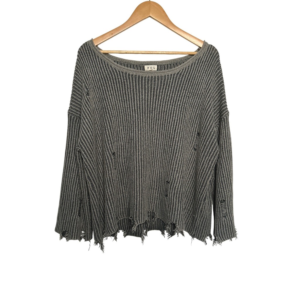 POL Coastal Grunge Striped Oversized Sweater S Distressed Flare Sleeve Slouchy